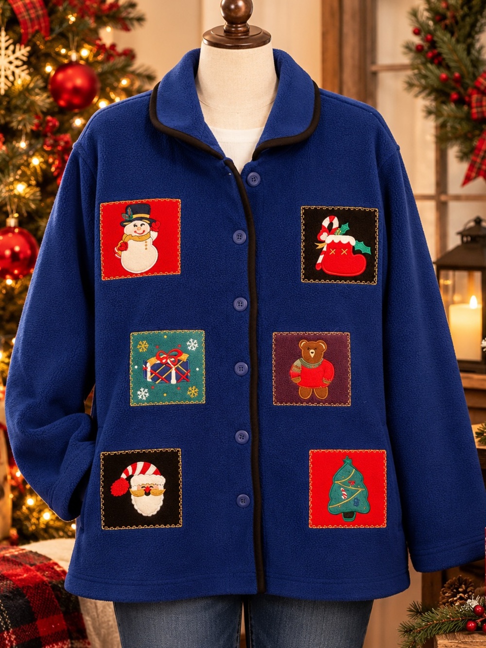 Classic Elements Women’s 2X Christmas Fleece Jacket Holiday Appliqué Blue